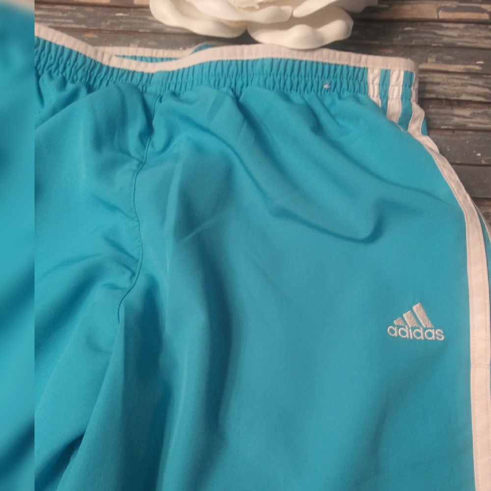 Capri Adidas Women's Teal Blue Track Pants with White Stripes - Picture 3 of 10